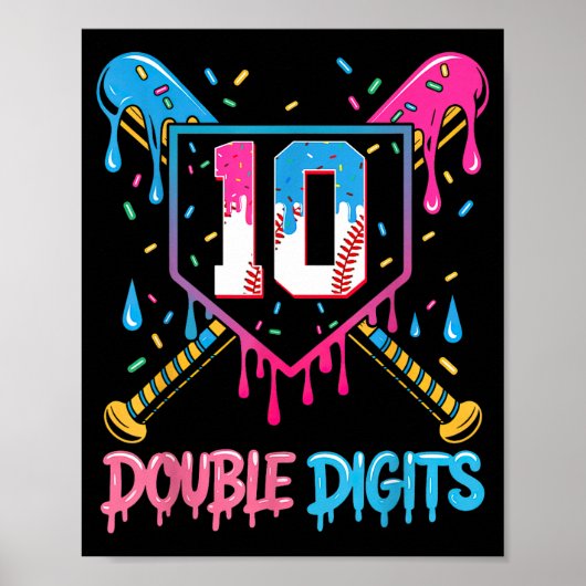 10 Year Old Baseball Drip Ice Cream 10th Bday Doub Poster (Voorkant)