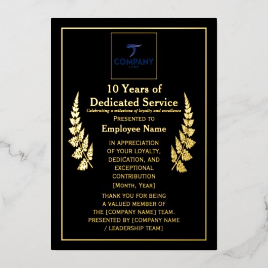 10 Years of Dedicated Service Award Custom Foil  Folie Feestdagenkaart (Voorkant)