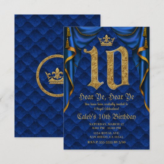 10e 10e verjaardag Royal Blue Gold Crown Kaart (Voorkant / Achterkant)