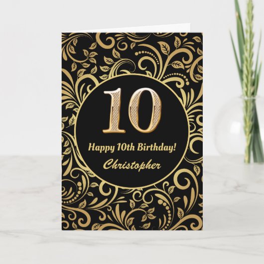 10e Birthday Black en Gold Floral Pattern Kaart (Voorkant)