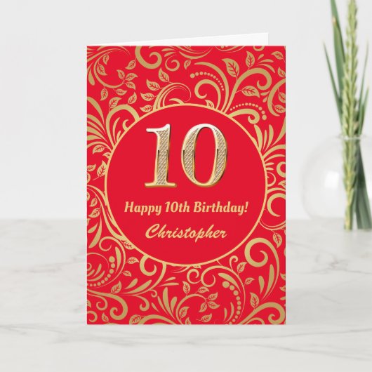 10e Birthday Red en Gold Floral Pattern Kaart (Voorkant)