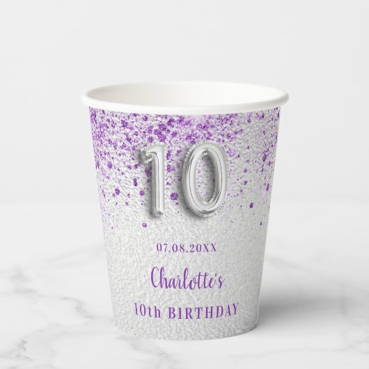 10e Birthday Silver paarse glitter Enmonogram Papieren Bekers (Achterkant)