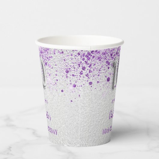 10e Birthday Silver paarse glitter Enmonogram Papieren Bekers (Rechts)