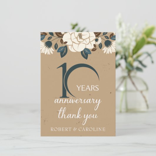 10e bruiloft Jubileum Dank u Floral Bedankkaart (Staand voorkant)