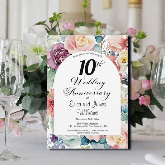 10e bruiloft Jubileum Elegant Script Floral Kaart