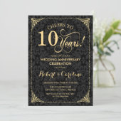 10e bruiloft Jubileum - Goud Zwart Damask Kaart (Staand voorkant)