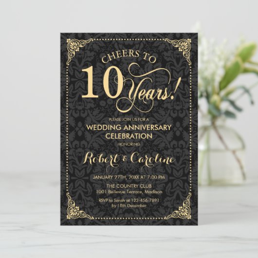 10e bruiloft Jubileum - Goud Zwart Damask Kaart (Staand voorkant)
