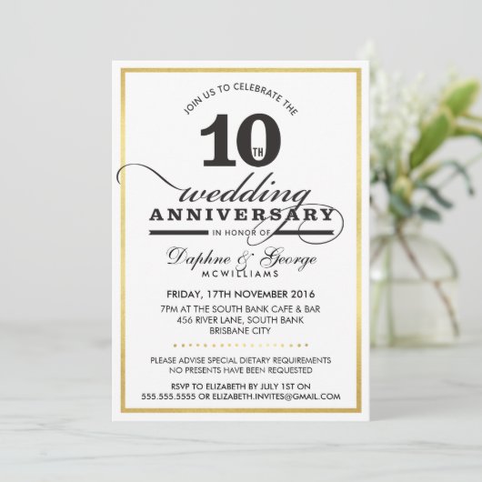 10E BRUILOFT JUBILEUM stijlvol goud zwart Kaart (Staand voorkant)