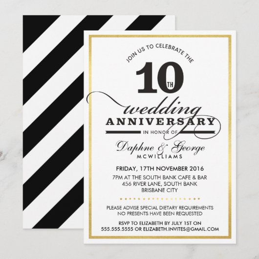 10E BRUILOFT JUBILEUM stijlvol goud zwart Kaart (Voorkant / Achterkant)