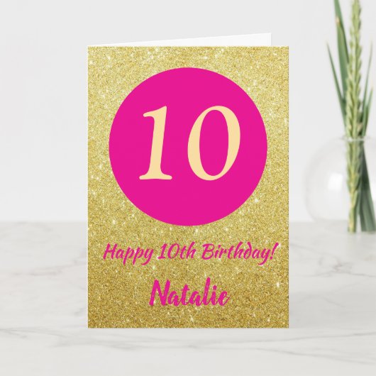 10e Happy Birthday Hot Pink en Gold Glitter Kaart (Voorkant)