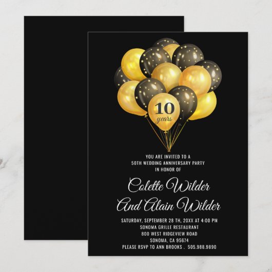 10e huwelijksjubileum gouden en zwarte uitnodiging (Voorkant / Achterkant)