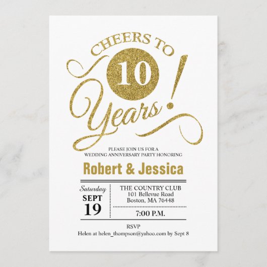 10e huwelijksjubileumfeest - Goud Wit Kaart (Voorkant)