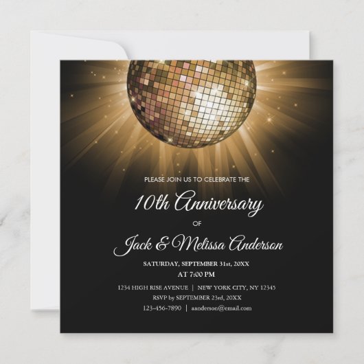 10e huwelijksjubileumfeest Gouden Disco Bal Kaart (Voorkant)