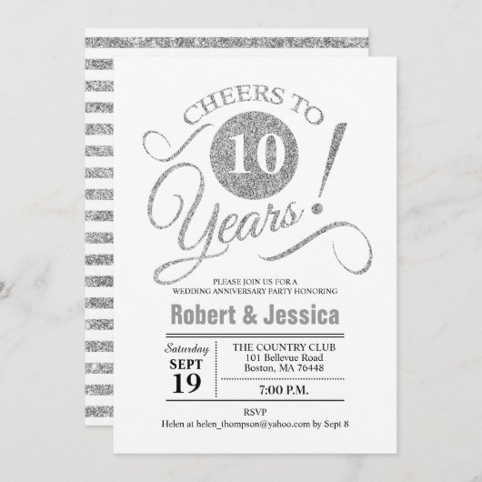 10e huwelijksjubileumfeest - Zilver Wit Kaart (Voorkant / Achterkant)