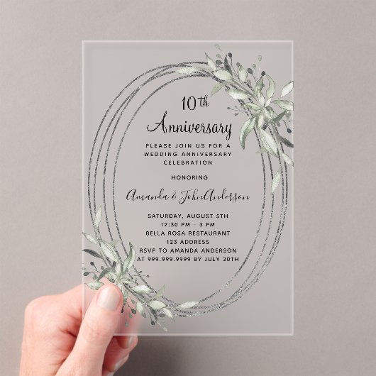 10e huwelijksverjaardag Zilver groen bevroren Acryl Uitnodigingen (Insitu (Draagbaar))