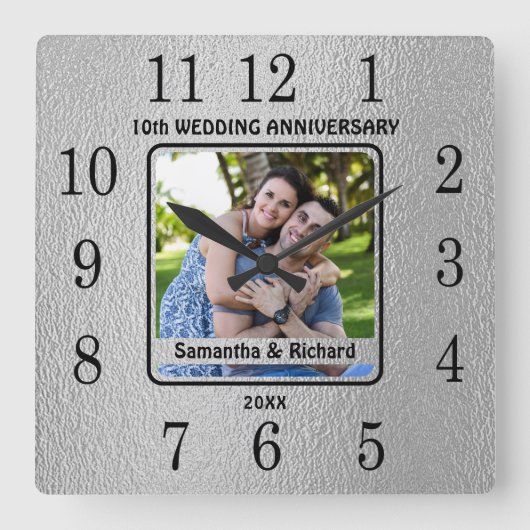 10e Jaar Paar Trouwen Tin Jubileum Foto Vierkante Klok (Voorkant)