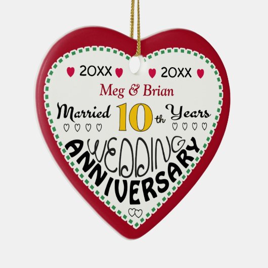 10e Jubileum Gift Hartvormige Kerst Keramisch Ornament (Rechts)