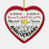 10e Jubileum Gift Hartvormige Kerst Keramisch Ornament (Achterkant)