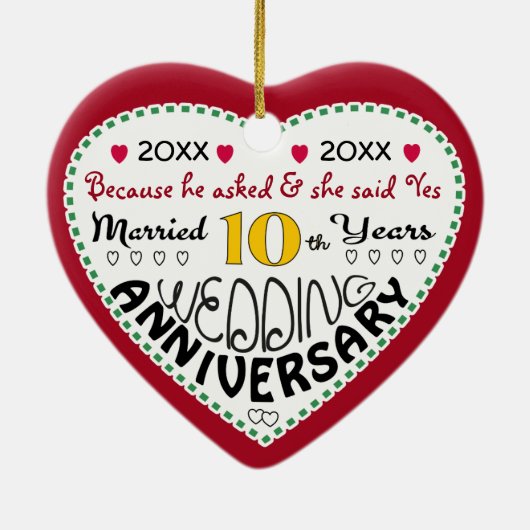 10e Jubileum Gift Hartvormige Kerst Keramisch Ornament (Achterkant)