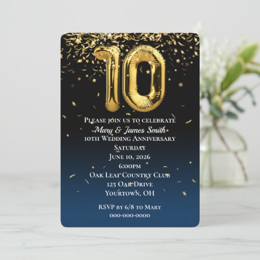 10e Jubileum Gold Balloons Confetti Kaart (Staand voorkant)