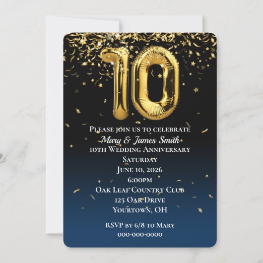 10e Jubileum Gold Balloons Confetti Kaart (Voorkant)