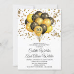 10e Jubileum Gold en zwart op wit Kaart<br><div class="desc">Een elegante feestelijke gouden en zwarte ballonnen op witte, 10e trouwdag-uitnodiging met gouden en zwarte ballonnen en confetti met witte script-typografie, in tegenstelling tot klassieker sans serif type. Deze uitnodiging heeft een feestelijke flair met een gedurfd contrast en een moderne stijl. Aanpassen voor elk jaar dat een mijlpaal in de...</div>