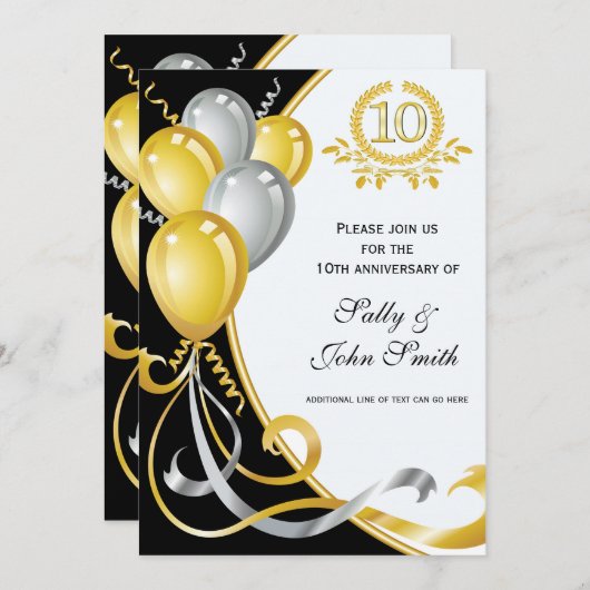 10e Jubileum Gold & Silver Birthday Invitation Kaart (Voorkant / Achterkant)