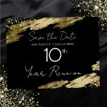 10e klas Reunion Black en Gold Elegant Briefkaart<br><div class="desc">Elegant Faux Gold folie verfsplatters ontwerpen. Alle tekst kan worden aangepast en kan eenvoudig worden gewijzigd voor uw eigen wensen. Sparen de de klassenreünie van de Datum briefkaarten. zwart en goud,  elegant,  stijlvol,  manuscript,  modern,  trendy,  gepersonaliseerde sjabloon.</div>