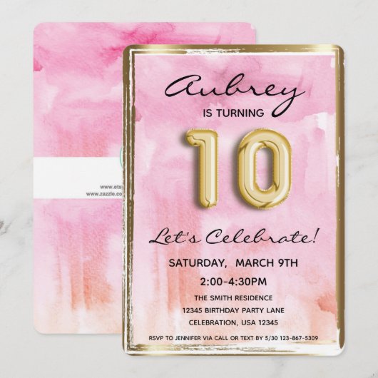 10e meisje: Birthday Pink en Gold Kaart (Voorkant / Achterkant)