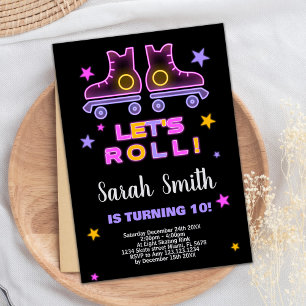 10e Neon Roze Paarse Schaatsen Verjaardagsuitnodig Kaart