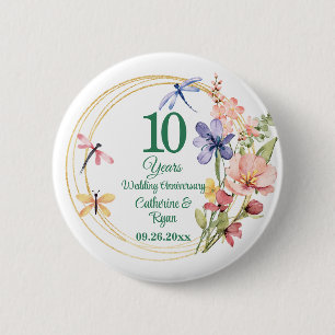 10e Tin Huwelijksjubileum Gouden Frame Bloemen Ronde Button 5,7 Cm