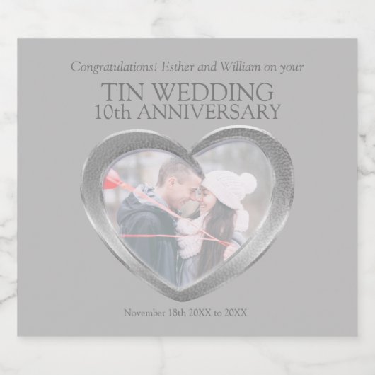 10e trouwdag aangepaste tin hart foto sparkling wijnetiket (Enkel label)