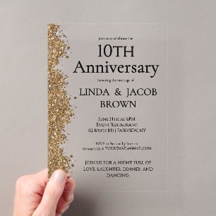 10e trouwjubileum goud nep glitters  acryl uitnodigingen