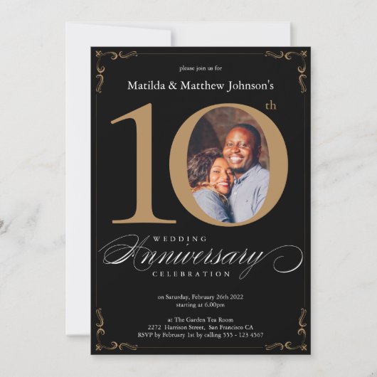 10e trouwjubileum Zwarte Gouden Calligrafie Kaart (Voorkant)