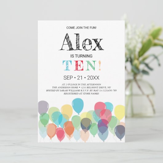 10e uitnodiging van de Birthday Balloons (Staand voorkant)