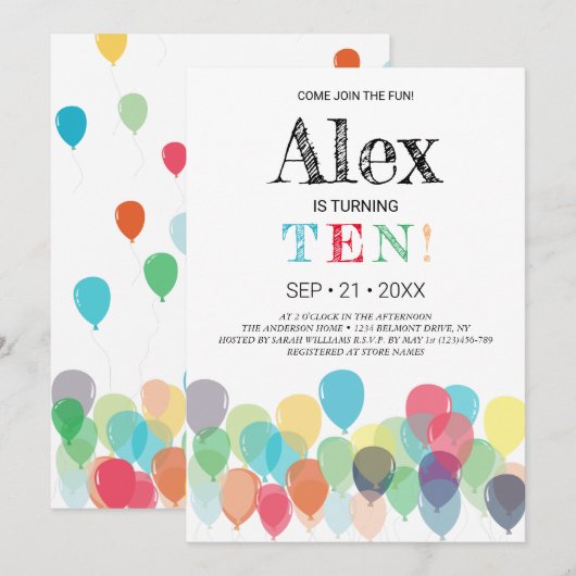 10e uitnodiging van de Birthday Balloons (Voorkant / Achterkant)