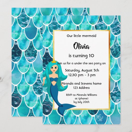 10e uitnodiging van Mermaid Birthday-partij turquo (Voorkant / Achterkant)