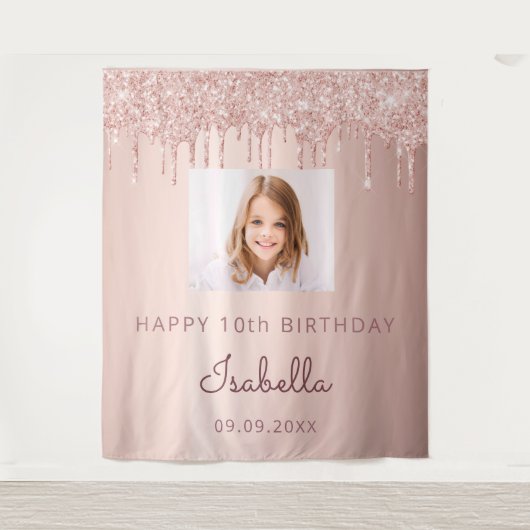 10e verjaardag aangepaste foto roze goud glans roz wandkleed (Voorkant)
