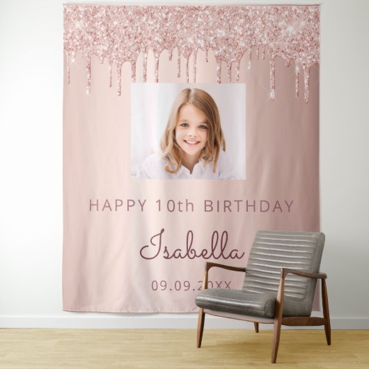10e verjaardag aangepaste foto roze gouden glans r wandkleed (In situ)