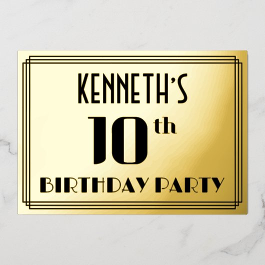 10e verjaardag: Art Deco Kijk "10" en naam Folie Uitnodiging (Voorkant)