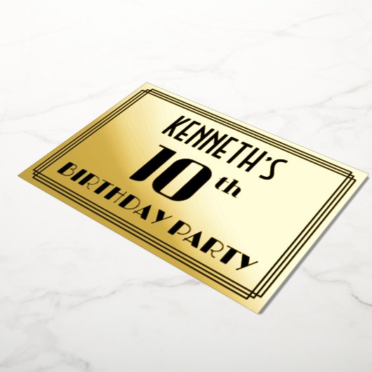 10e verjaardag: Art Deco Kijk "10" en naam Folie Uitnodiging (Gedraaid)
