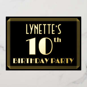10e verjaardag: Art Deco Kijk "10", met naam Folie Uitnodiging