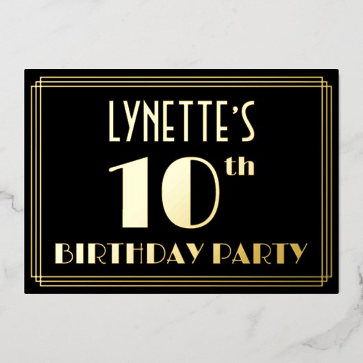 10e verjaardag: Art Deco Kijk "10", met naam Folie Uitnodiging (Voorkant)