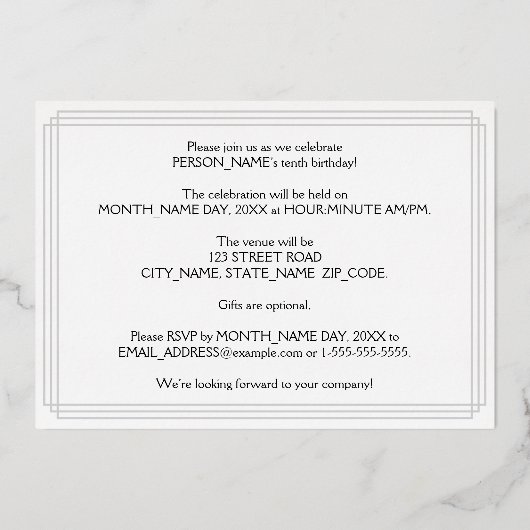 10e verjaardag: Art Deco Kijk "10", met naam Folie Uitnodiging (Achterkant)