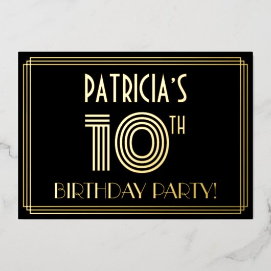 10e verjaardag — Art Deco Style "10" + Naam Folie Uitnodiging (Voorkant)