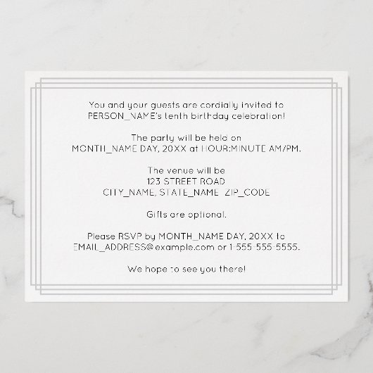 10e verjaardag — Art Deco Style "10" + Naam Folie Uitnodiging (Achterkant)