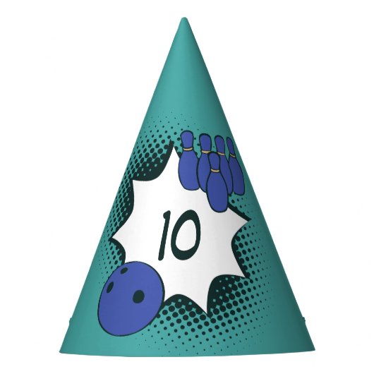 10e Verjaardag Blauw-Groen Bowling Feesthoedjes (Voorkant)