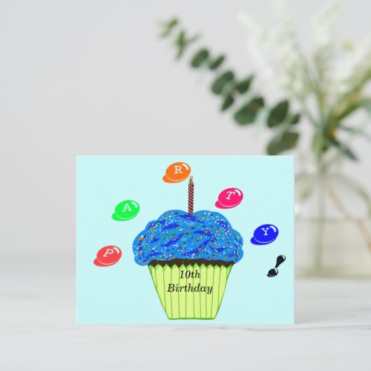 10e verjaardag Blauwe Groene Cupcakes Partij Kaart (Staand voorkant)