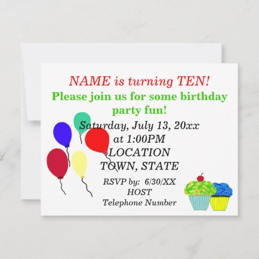10e verjaardag Blauwe Groene Cupcakes Partij Kaart (Achterkant)