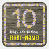 10e verjaardag: Bloemennummer, Faux Wood Look, Naa Vierkante Sticker (Voorkant)
